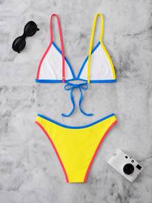 Women's Elegant Yellow & Pink Bikini Set, Sexy Spaghetti Strap Swimsuit - Multicolor - View 3