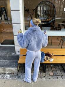 Women Fall Winter Elegant Casual Blue Faux Fur Long Sleeve Short Jacket For Daily Going Out Party - Blue - View 3