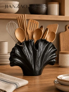 1pc Wabi-Sabi Style Ginkgo Leaf Tableware Storage Rack, Black Spotted White Multi-Compartment Utensil Holder, Large Capacity Chopsticks Spoon Fork Storage Bucket, Rustic Farmhouse Kitchen Countertop Decor Gift - Ins-style Tableware Organizer - View 3
