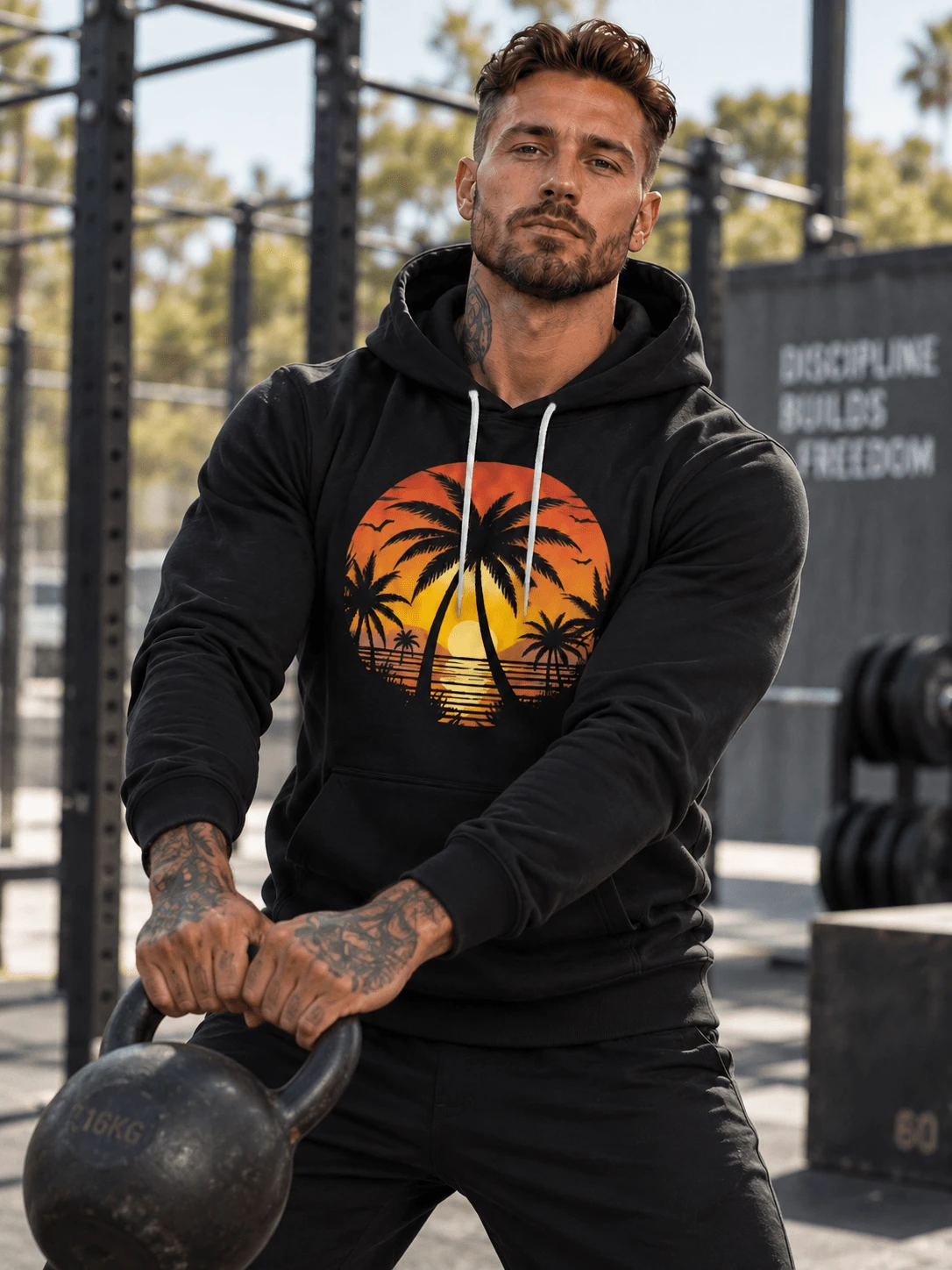 Men's Double-Sided Tropical Sunset Palm Tree Print Drawstring Sweatshirt, Casual Sports Kangaroo Pocket Sweatshirt - Black - View 1