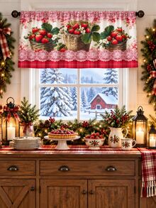 1pc Cute Country Style Kitchen Curtain Set, Strawberry Basket Lace Trim Printed Window Valance Sink Curtain, Rustic Home Kitchen Window Decor - Multicolor - View 13