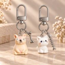 1 buah/2 buah Liontin Hewan Anak Anjing & Kucing Lucu Imitasi Resin Unisex, Gantungan Kunci Aksesori Tulang & Ikan Paduan Logam, Hiasan Tas Hadiah Pasangan, Aksesori Dompet - MultiWarna - View 1