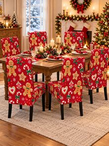 Christmas Dining Chair Cover Set, Red Gingerbread Man, Candy Cane, Cookie, Snowflake Print, For Dining Room, Kitchen, Christmas Party, Home Decor - Red - View 2