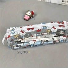 Hasbro Hello Kitty 印花拉鍊筆袋，可愛卡通貓熊蘋果圖案筆袋，透明內裡順滑拉鍊，大容量圓筒筆袋可收納筆、橡皮擦、尺，便攜收納袋，理想禮物 - A - 查看 10
