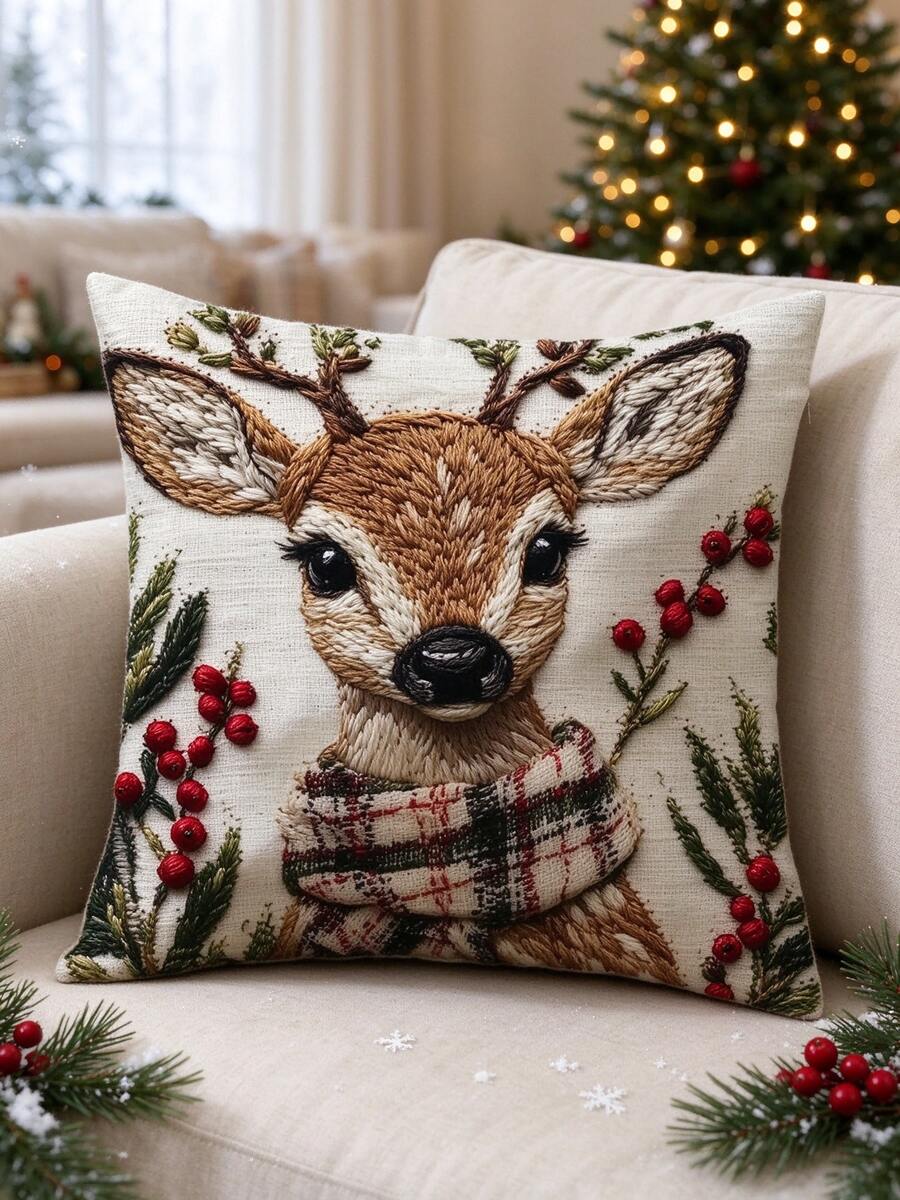 Christmas Decor Charming Christmas Reindeer 17.7x17.7 Inch Pillow Case - Soft Plush, 2D Flat Print, Machine Washable, Zipper Closure, Suitable For Bedroom And Living Room Decoration - Pink - View 1
