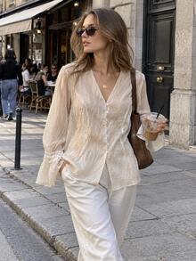 Textured Tie Dye Fabric Flare Sleeve V-Neck Top - Apricot - View 1