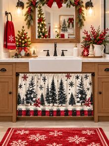1pc Vintage Country Christmas Kitchen Curtain Set, Distressed Snowy Pine Tree & Poinsettia Snowflake Print Window Valance And Sink Curtain, Winter Kitchen Window Decor - Multicolor - View 10