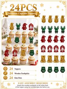 12pcs/24pcs Christmas Cake Toppers, Gold Glitter Cupcake Picks With Wooden Toothpicks And Glue Dots, Christmas Holiday Party Baking Decoration - Style a - View 9