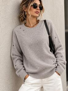 Women's Autumn/Winter Slouchy Round Neck Pullover Sweater, Solid Color Loose Long Sleeve Knit Top With Eyelet Rivet Decor, Soft Knit Daily Commute Top - Khaki - View 3