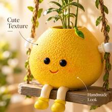 1pc Cute Swing Lemon Shaped Hanging Planter, Resin Cartoon Lemon Character Wall Hanging Flower Pot, Creative Succulent Plant Pot For Indoor Wall Home Decor - A - View 1