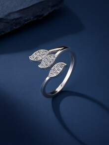 1pc Fashion Minimalist Leaf Design Cubic Zirconia Women's Ring, Silver Open Adjustable Ring, Suitable For Daily, Party, Evening Wear, Ramadan Giveaway - Leaf Ring - View 2