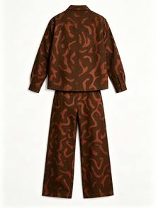 Maillard Brown Abstract Camouflage Short Shirt Set, Men's Loose Lapel Jacket With Drawstring Wide Leg Pants 2 Pieces Set - Brown - View 4