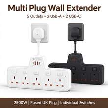 1pc T-Shaped UK Plug Wall Socket Extender, 5 UK 3-Pin Outlets With Individual Switches, 2 USB-A & 2 USB-C Ports, Surge Protection 2500W Max, 10A Fused Plug For Home & Office - UK Plug(220-240V) - View 6