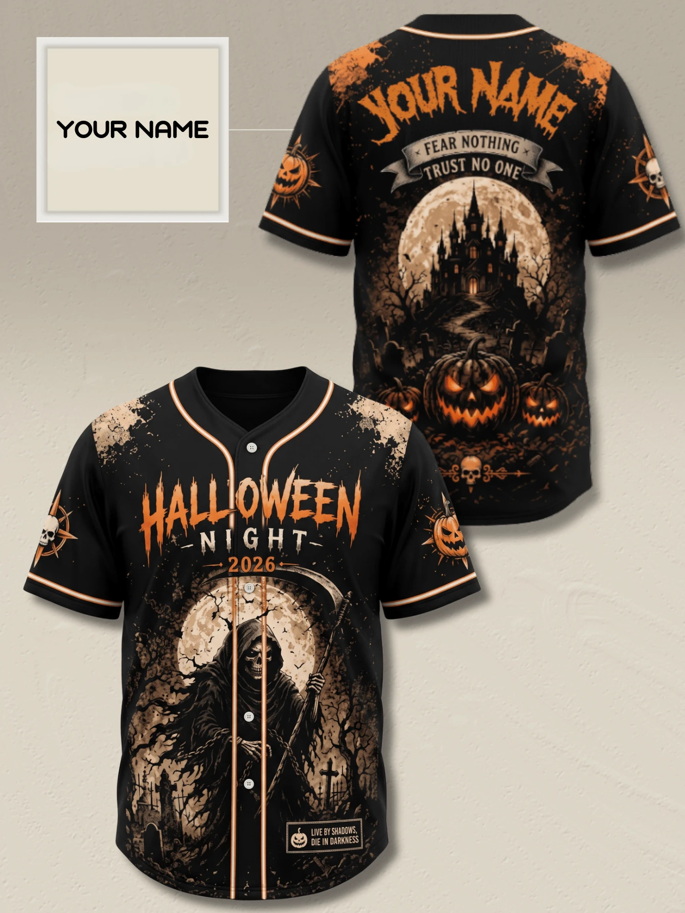 Custom Halloween Baseball Jersey Personalized Name Grim Reaper Pumpkin Castle Graphic Button Down Shirts - Black - View 1