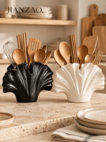1pc Wabi-Sabi Style Ginkgo Leaf Tableware Storage Rack, Black Spotted White Multi-Compartment Utensil Holder, Large Capacity Chopsticks Spoon Fork Storage Bucket, Rustic Farmhouse Kitchen Countertop Decor Gift - Ins-style Tableware Organizer - View 2