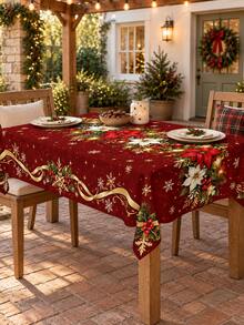 1pc Rectangular, Round, Oval Red & Gold Christmas Tablecloth, Red & White Poinsettia, Decorative Ball & Snowflake Print, Ribbon Border Design, Suitable For Dining Room, Kitchen & Holiday Party Decoration - A - View 10