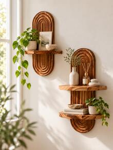 1pc Wall Mounted Shelf Arch Display Shelf Brown Floating Storage Rack Boho Minimalist Home Decor Organizer For Living Room Bedroom Entryway Office Plant Candle Photo Decoration Space Saving Wall Hanging Shelf - Wood Color - View 1