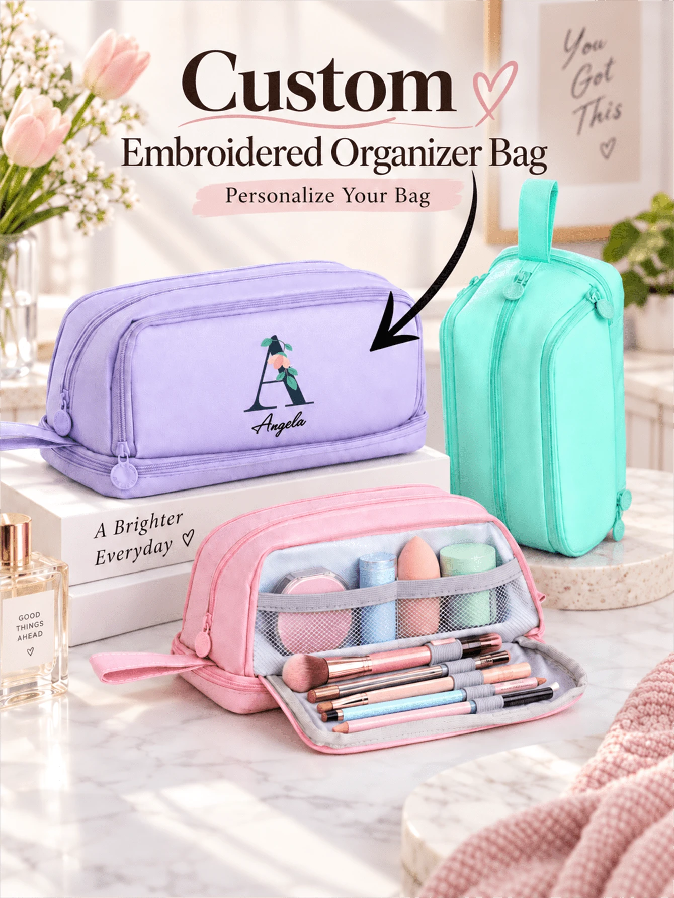 1pc Customized Embroidered Makeup Bag, Semi-Transparent Visible Makeup Bag, Solid Color Personalized Makeup Bag, Skincare Storage Bag (Cosmetics Not Included) - Multicolor - View 1