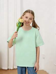 Teen GirlTurtle & Letter Print Round Neck Short Sleeve T-Shirt, Casual Summer Top - Mint Green - View 2
