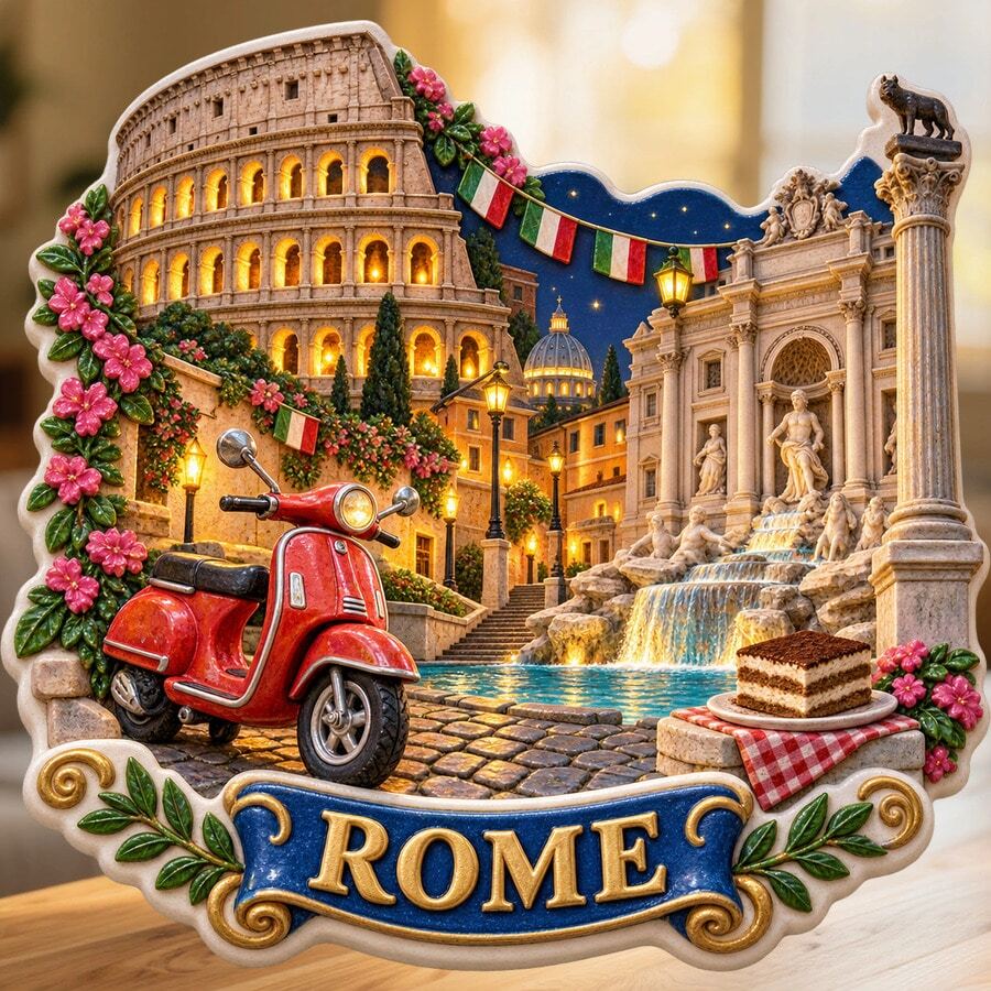 Rome Colosseum Festive Street Scene Fridge Magnet, A City Travel Keepsake For All Metal Surfaces Throughout The Home - A - View 1