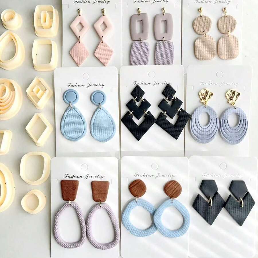 Autumn/Winter Asymmetrical Geometric Shape Polymer Clay Cutters, Suitable For Earring Making, Fan-Shaped Earring Clay Cutter, Flower-Shaped Clay Cutter, Polymer Clay Jewelry Pattern Making Set, Suitable For Beginners, DIY Earring, Necklace, Pendant, Brooch Cutting Tools - Multicolor - View 1