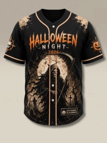 Custom Halloween Baseball Jersey Personalized Name Grim Reaper Pumpkin Castle Graphic Button Down Shirts - Black - View 2
