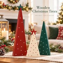 Wooden Christmas Tree Tabletop Decor Set, Polka Dot Triangle Tree Figurines With Star Topper, Freestanding Rustic Wood Christmas Ornaments For Mantel Shelf Table Holiday Decoration - View 10