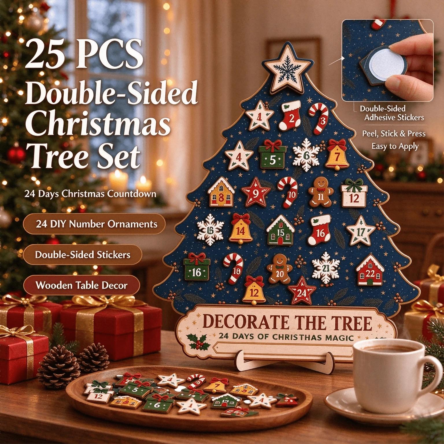 25pcs/Set 24 Days Christmas Miracle Christmas Tree Shaped Advent Calendar, Decorative Tree Christmas Countdown Calendar With 24 Numbered Christmas Decorations, Christmas Desktop Decor, Suitable For Home And Party, Christmas Gift - View 1