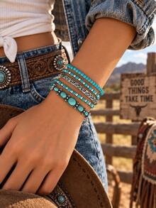 5pcs/Set Bohemian Style Turquoise Beaded Bracelets, Silver Elastic Stretch Bracelets, Vintage Jewelry For Women, Daily Wear, Party, Vacation Gift - 5-piece Set - View 9