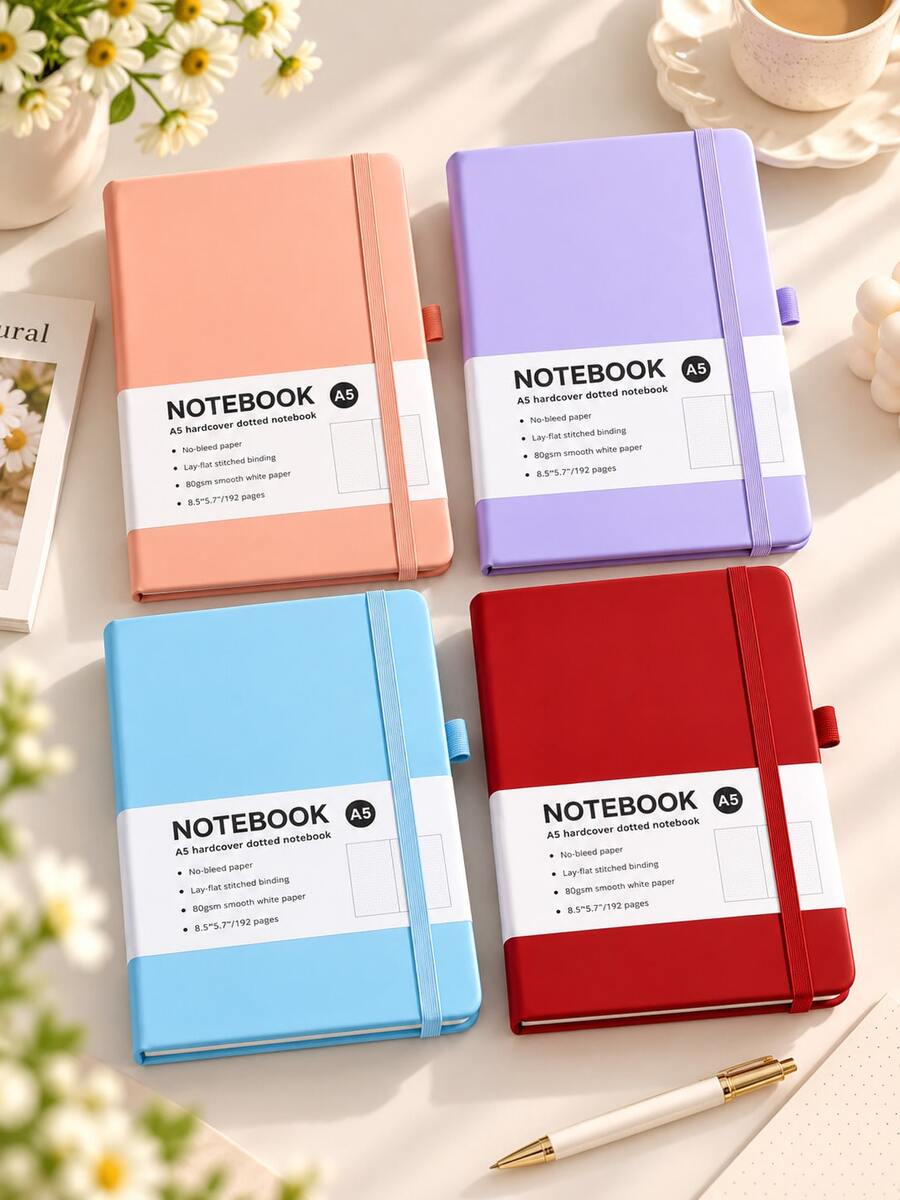 1pc A5 Hardcover Dot Grid Notebook, 192 Pages Dot Matrix Bullet Journal, Portable Notebook With Elastic Band And Pen Holder, Suitable For Writing, Planning, Journaling, School, Office And Study