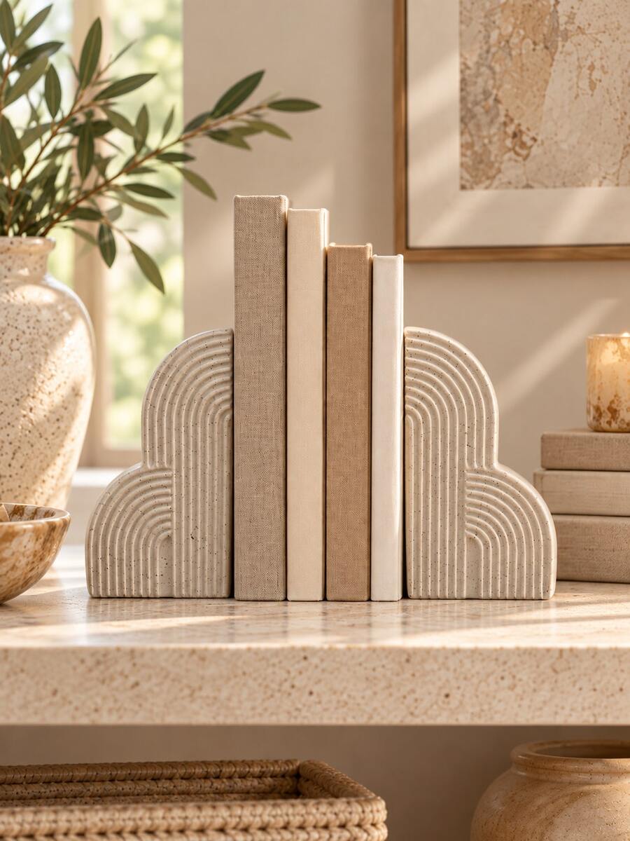 1 Pair Minimalist Arch Bookends, Layered Ribbed Decorative Book Ends For Shelves, Modern Book Holders & Book Stoppers For Books Magazines, Black/Cream White Bookshelf Decor For Living Room Study Home Office Desk