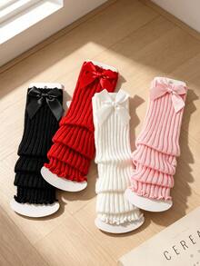 4 Pairs Girls Satin Big Bow Ribbed Ruffle Leg Warmers, Elastic Knit Leg Covers, Soft Skin-Friendly Princess Dress Accessories, Versatile Daily Holiday Party Baby Decorative Leg Warmers - Multicolor - View 7