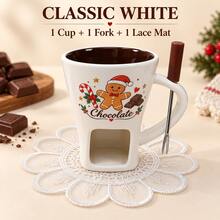 WGROOM 3 Components Ceramic Chocolate Fondue Set With Fork & Lace Mat, Christmas Gingerbread Dessert Melting Cup For Fruit, Marshmallows & Cookies, Candle Not Included - Multicolor - View 4