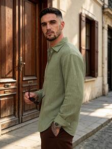 Lookun Men's Loose Fit Collared Shirt With Pleats, Japanese Minimalist Commuter Style, Vertical Textured Stripe, Autumn/Winter - Army Green - View 4