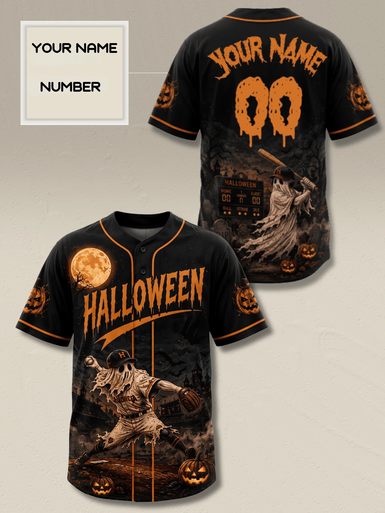 Custom Halloween Baseball Jersey Personalized Name Number Spooky Ghost Pumpkin Graphic Button Down Shirts - Black - View 1