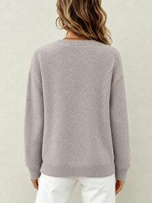 Women's Autumn/Winter Slouchy Round Neck Pullover Sweater, Solid Color Loose Long Sleeve Knit Top With Eyelet Rivet Decor, Soft Knit Daily Commute Top - Khaki - View 4