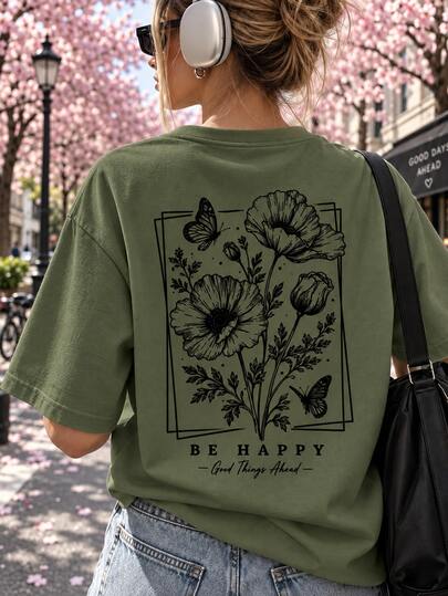 Summer New Minimalist Fashionable Floral & Butterfly Print Casual Round Neck Short Sleeve T-Shirt, Versatile Daily Wear For Women, Aesthetic H4
