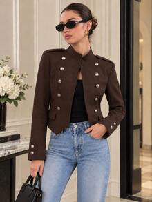 Women's Double-Breasted Napoleon Military Style Open Front Jacket - Chocolate Brown - View 4