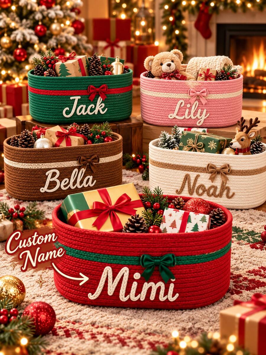 Personlig jul-förvaringskorg i rep, anpassad vävd presentkorg med broderat namn, julförvaringsbox, julpresentkorg, juldekoration för hemmet - Multifärgad - Visa 1