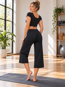 Women's High Waist Yoga Pants, 7/8 Length Wide Leg Leggings, Pilates Pants, Fitness Workout Pants, Casual Home Sports Wear - Black - View 2