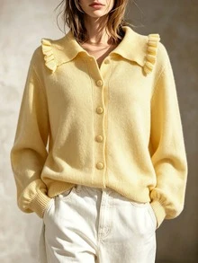 Cardigan Rajut Wanita, Kerah Ruffle Longgar Model Lentera Lengan Panjang dengan Kancing Depan Berlapis Kain, Jaket Kasual Rajut Lembut untuk Musim Gugur - Kuning - View 4