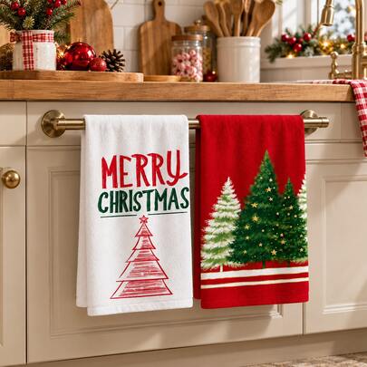 2/4/6pcs Christmas Kitchen Towel Set, Merry Christmas Letter Print Red & Green Christmas Tree Hand Towels, Holiday Tea Towels Absorbent Kitchen Rags, Christmas Kitchen Decor Towels, Home Dish Cloths Baking Wiping Cloths, Christmas Party New Year Home Decor Gift