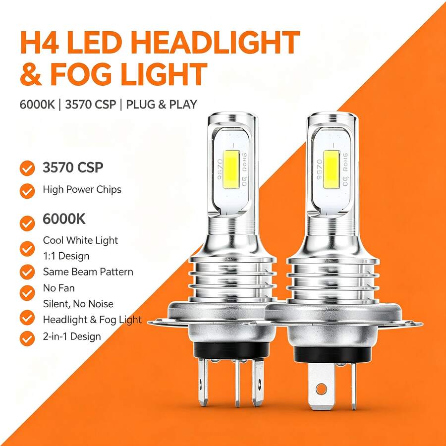 Heyword 2pcs H4 9003 H7 LED Fog Light Bulbs, H4 LED Headlights, Suitable For Cars And Motorcycles, White, 12V - 2pcs - View 1