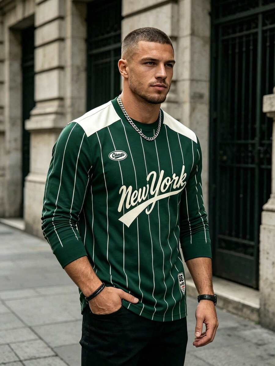 Men's Vintage Vertical Striped Crew Neck Sweatshirt, New York Letter Print, Color Block Shoulder Design, Long Sleeve Pullover - Multicolor - View 1