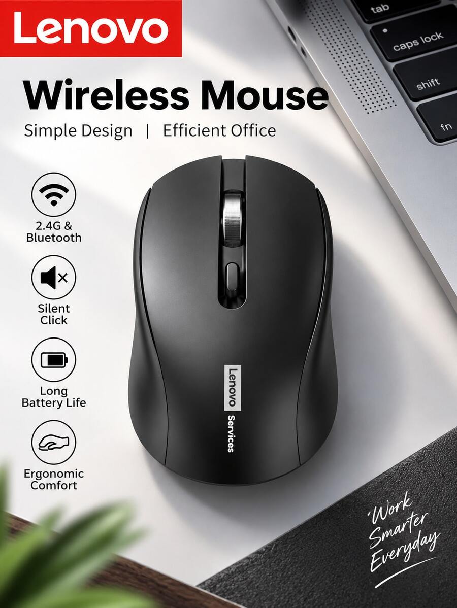 Lenovo N220 無線滑鼠，2.4G USB 無線滑鼠，靜音點擊，可調 1000/1200/1600 DPI，輕量便攜人體工學滑鼠，適用於筆記型電腦、桌上型電腦、辦公室、居家、學習和日常使用