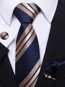 A Set Of Blue Tie, Pocket Square, And Cufflinks Set For Men, Striped Tie 8 Cm, Suitable For Holidays, Weddings, And Work - Navy Blue - View 1