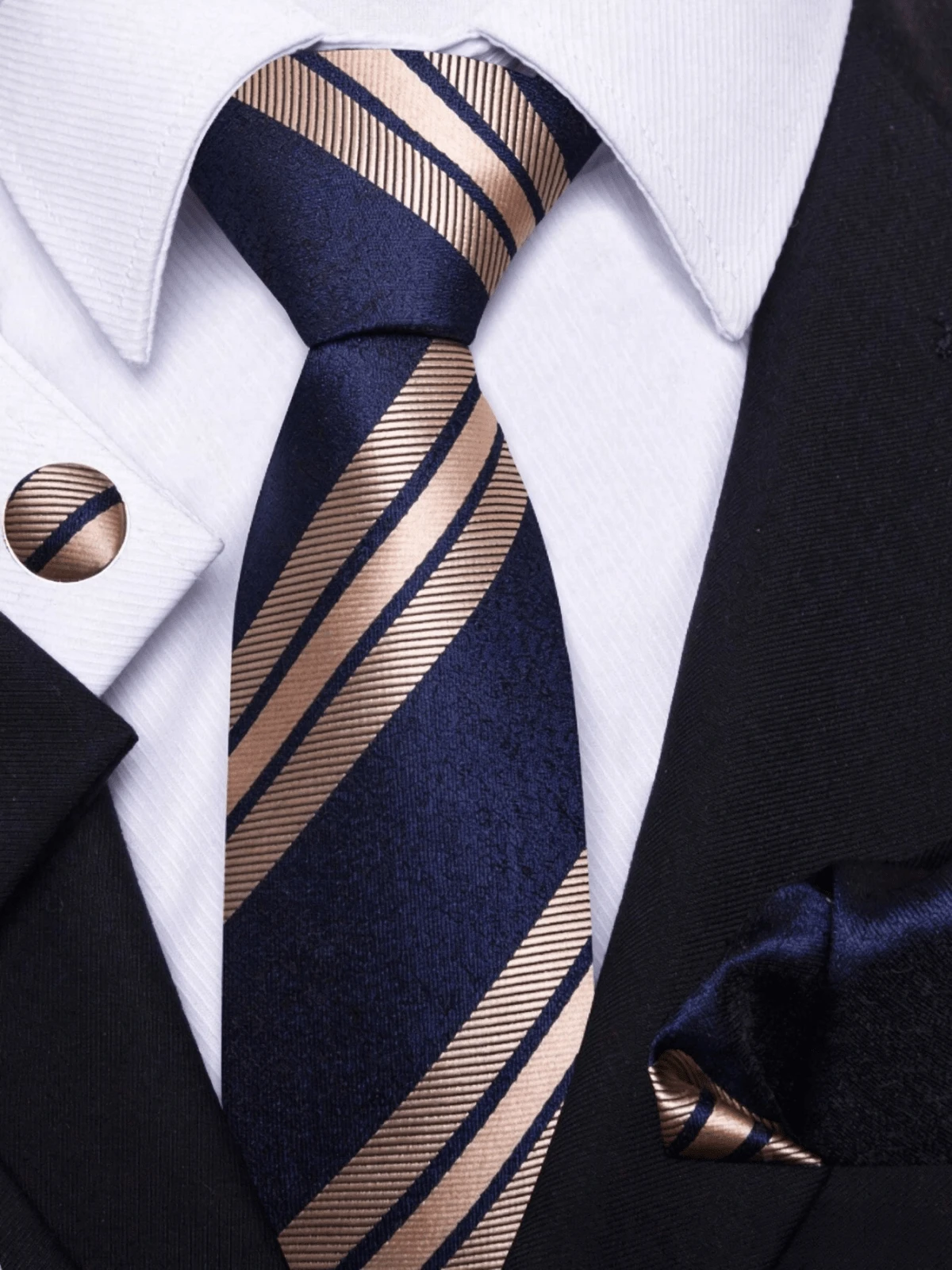 A Set Of Blue Tie, Pocket Square, And Cufflinks Set For Men, Striped Tie 8 Cm, Suitable For Holidays, Weddings, And Work - Navy Blue - View 1