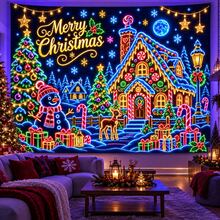 2D Flat Pattern, 1pc, Neon Color Gingerbread House Christmas Tapestry With Neon Lines And "Merry Christmas" Text Design, Glows Under Fluorescent Light, Suitable For Wall Decor, Backdrop Or Party Decoration - Multicolor - View 2