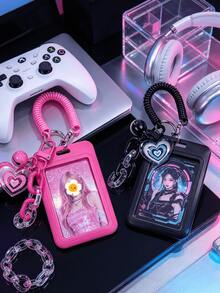 Cute Heart Shaped ID Card Holder With Detachable Slide Cover Clear ID Windo,Retractable Coil Spring Lanyard, For Student ID, Meal Card, Work Pass - Multicolor - View 5