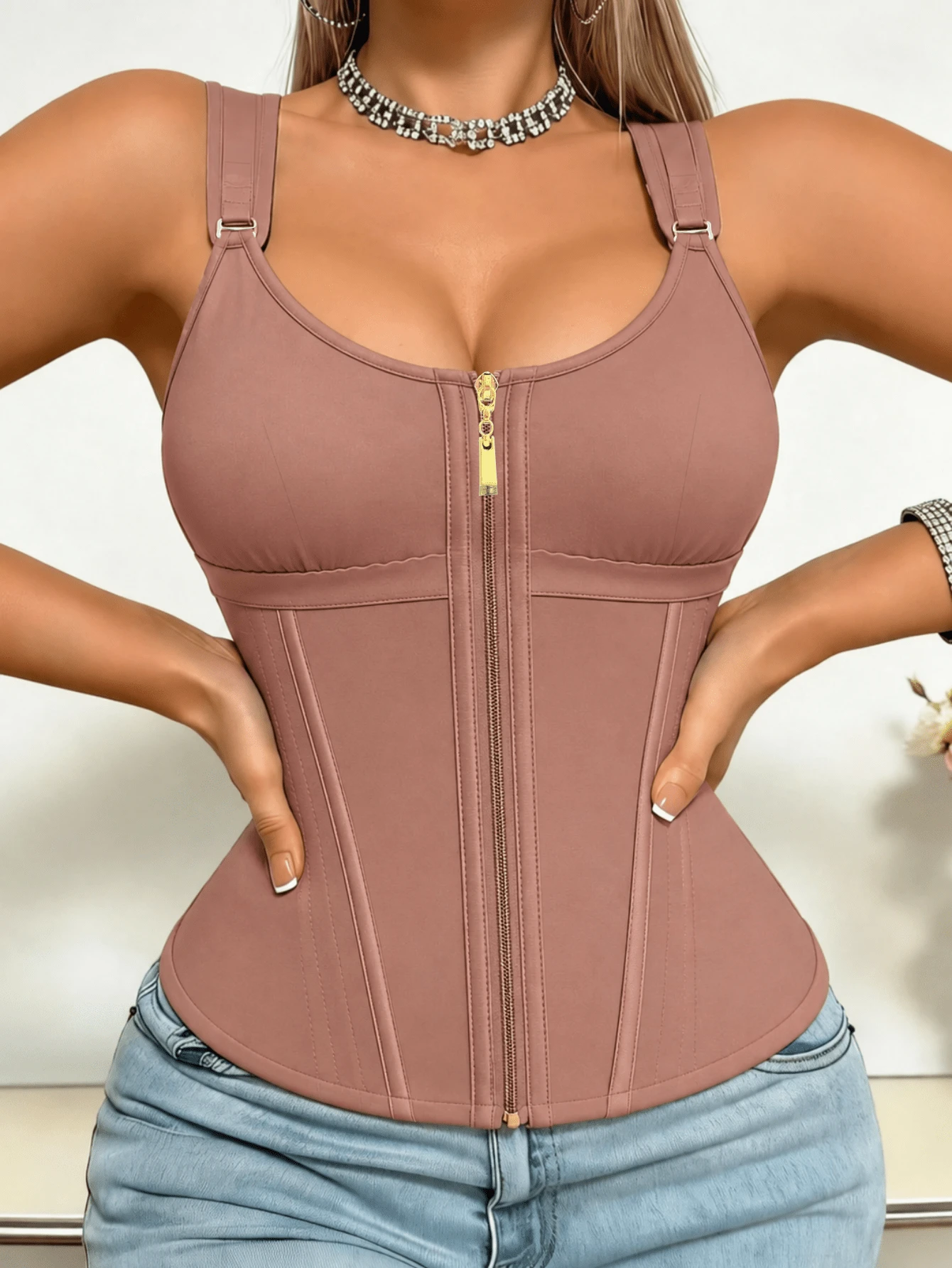 Women's Waist Shaping Waist Cincher, Postpartum Abdominal Compression Workout Vest, Gym Zipper & Hook-And-Eye Waist Shaping Belt - Rust Brown - View 1